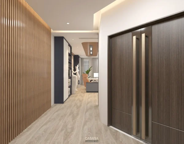 Nội thất phòng khách hiện đại, sang trọng với tông màu ấm áp.