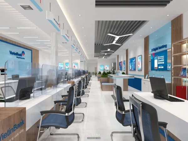Nội thất phòng giao dịch ngân hàng VietinBank hiện đại, thoáng đãng.