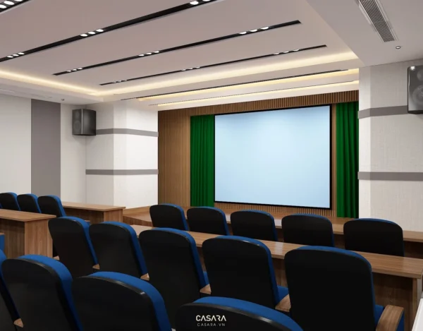 Phòng họp hiện đại với màn hình lớn và hàng ghế ngồi thoải mái.