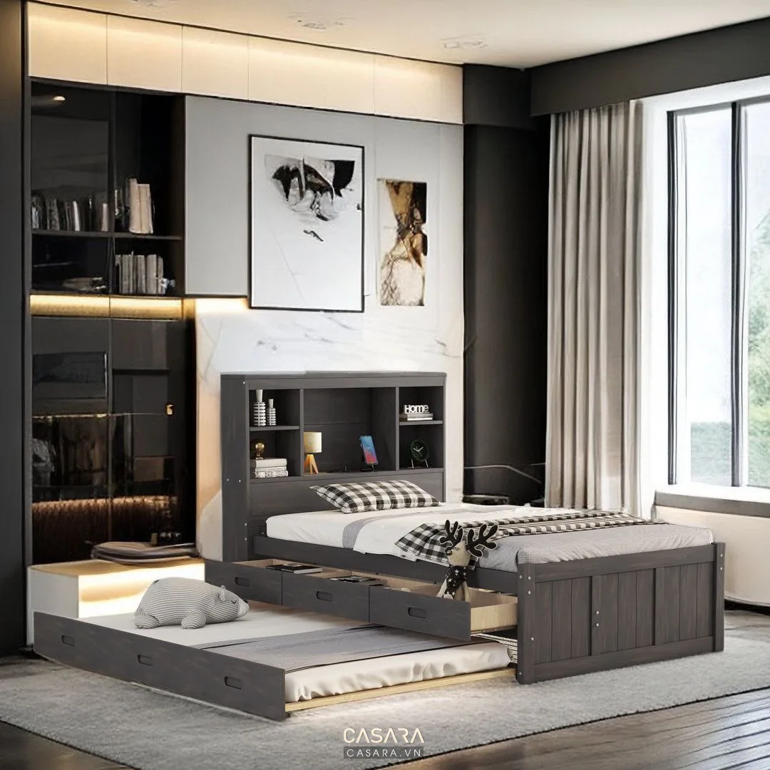 phòng ngủ nhỏ căn hộ 50m2 với giường đơn bàn học và tủ áo cao sát trần