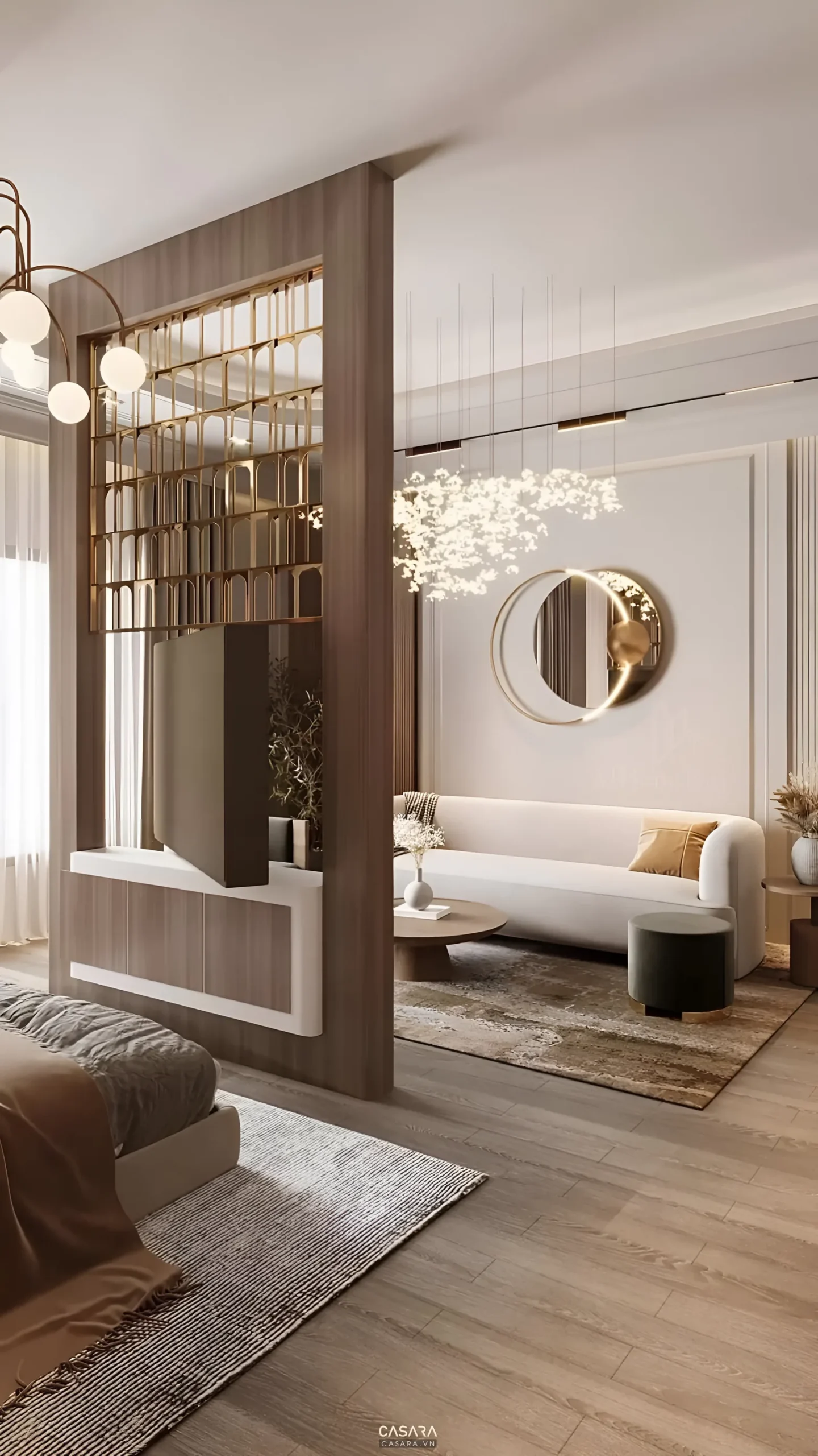 Phòng khách phong cách thiết kế địa trung hải với sofa sáng màu và cửa vòm
