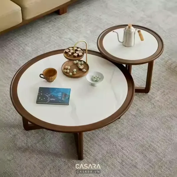Bàn trà đôi mặt đá và gỗ, phong cách tối giản, hiện đại.