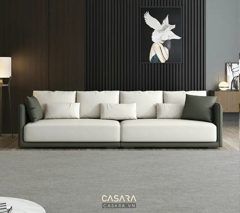 phòng khách với màu sơn tường nhấn xanh olive và sofa be