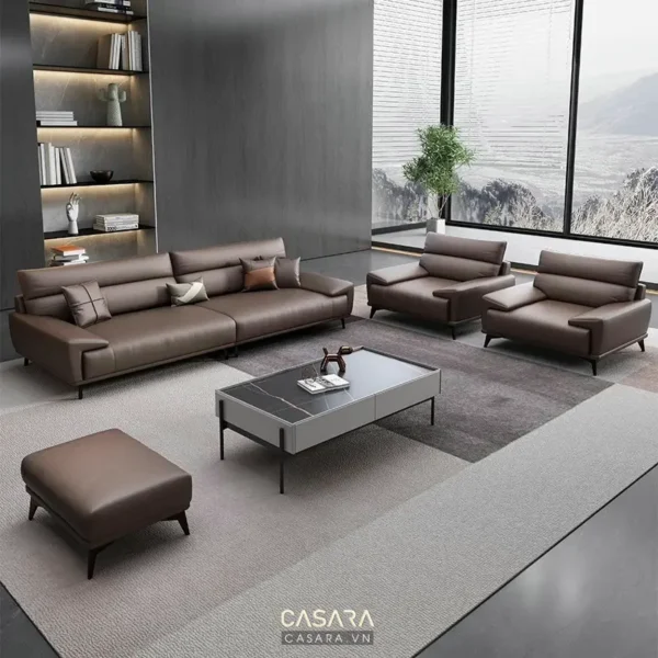 Phòng khách hiện đại với sofa da màu nâu, thiết kế tối giản.