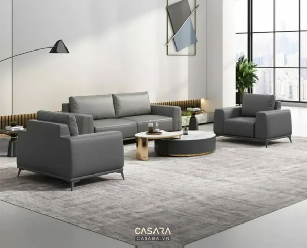 Phòng khách hiện đại với bộ sofa xám tinh tế, sang trọng.