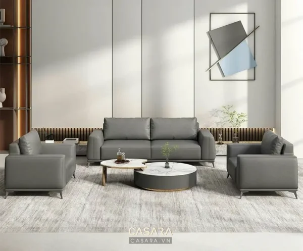 Phòng khách hiện đại với bộ sofa xám tinh tế, sang trọng.