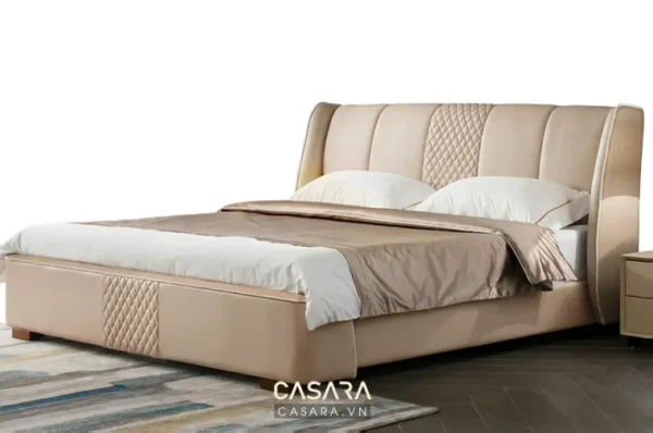Giường ngủ Casara màu be sang trọng, thiết kế hiện đại và ấm cúng.