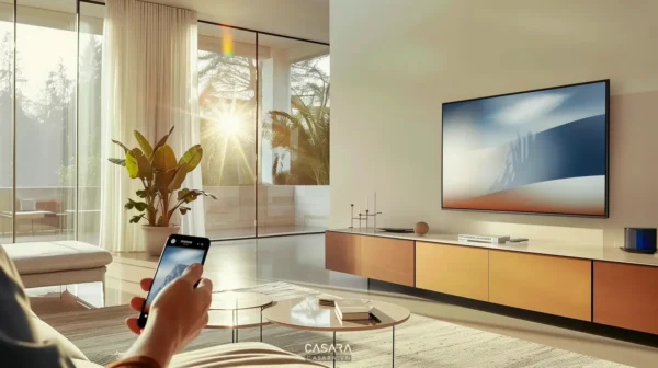 Phòng khách hiện đại với TV lớn và người dùng điều khiển bằng điện thoại.
