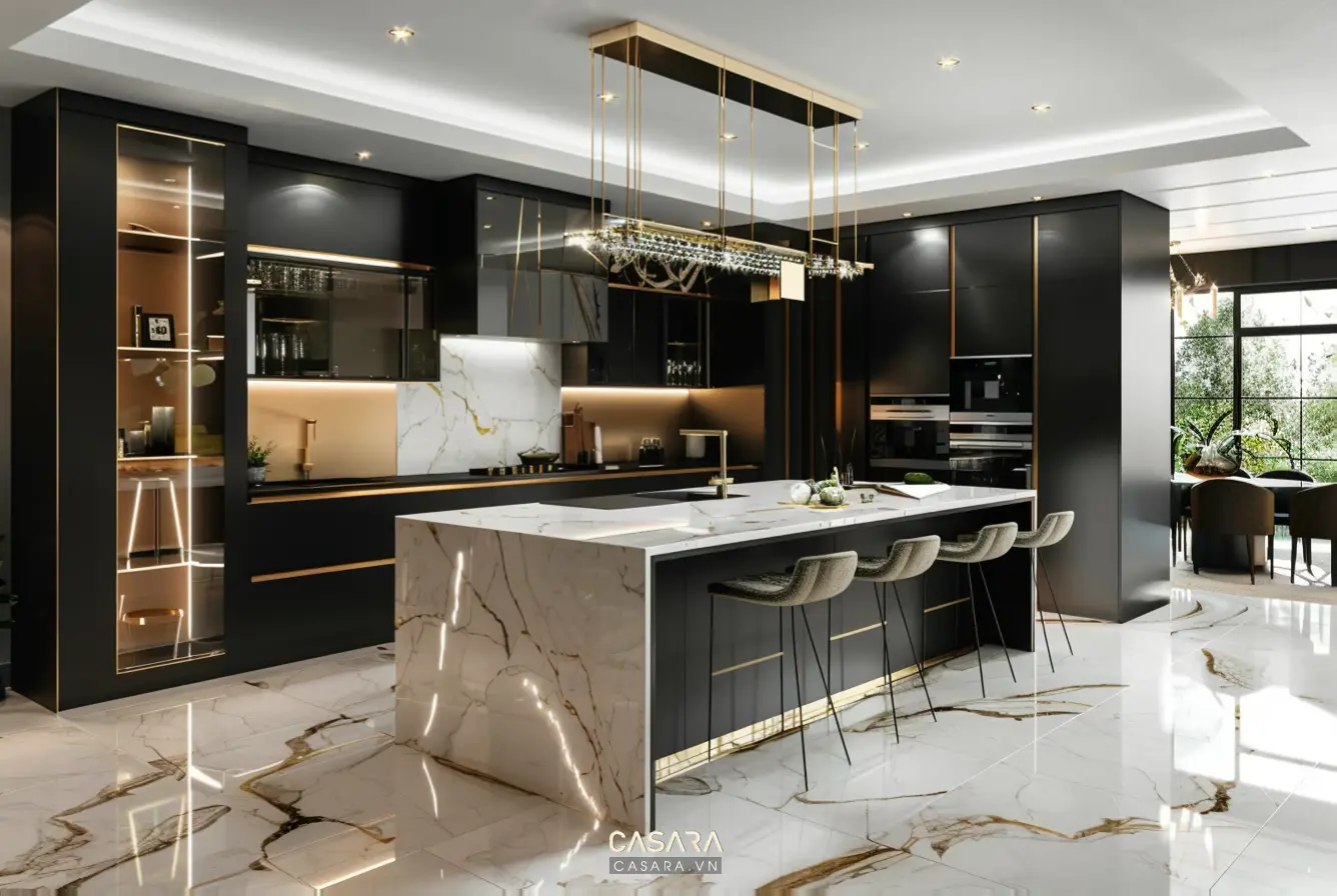bếp và phòng ăn nhà phố hiện đại với tủ bếp gỗ và ánh sáng ấm