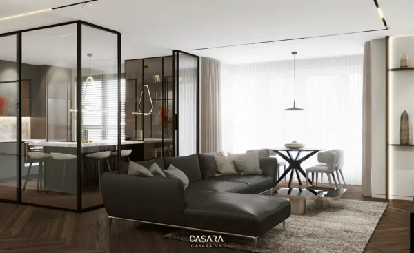 Vách ngăn phòng khách liền bếp 40m2 cần lối đi thoáng