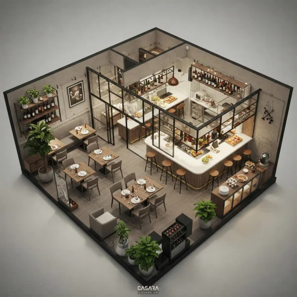 Bàn cà phê hiện đại, rộng rãi, nhiều cây xanh.