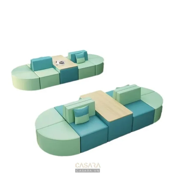 Bộ sofa модульный hình học với tông màu xanh pastel dịu mắt.
