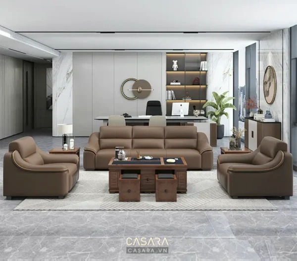Phòng khách sang trọng với nội thất gỗ và sofa da hiện đại.