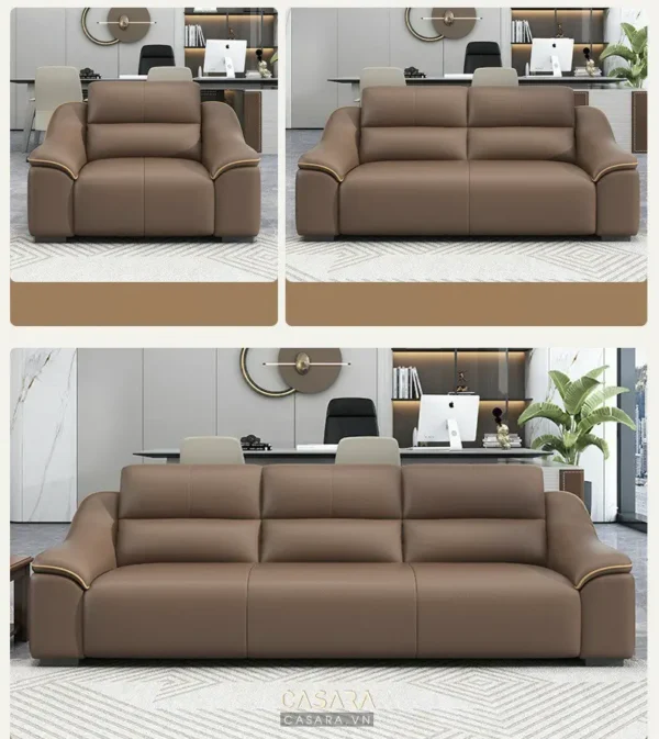 Bộ sofa da cao cấp màu nâu, thiết kế hiện đại, sang trọng.