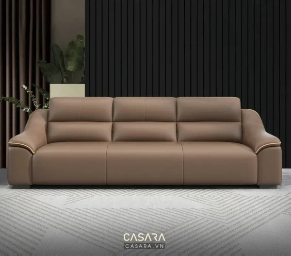 Ghế sofa da màu nâu hiện đại, sang trọng trong không gian phòng khách.