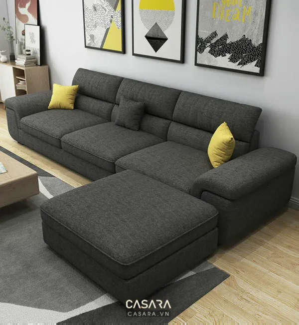 Bàn sofa góc màu xám hiện đại trong phòng khách.