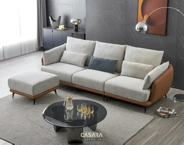 Bộ sofa hiện đại màu xám, kết hợp da nâu, thiết kế tối giản sang trọng.