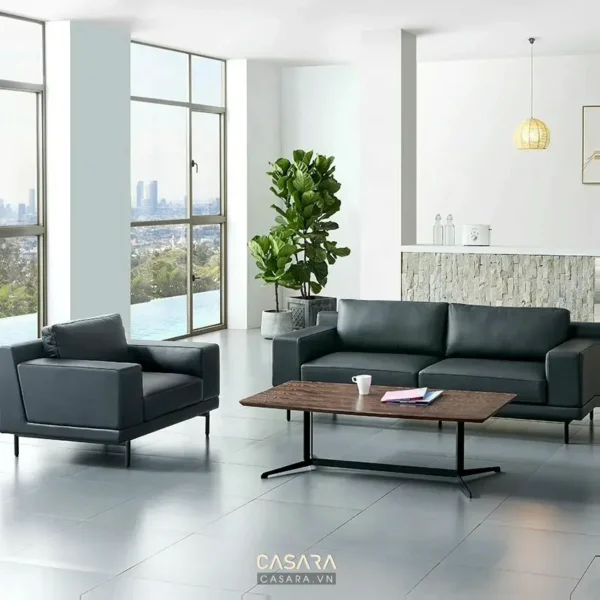 Phòng khách hiện đại, tối giản với sofa đen và cây xanh.