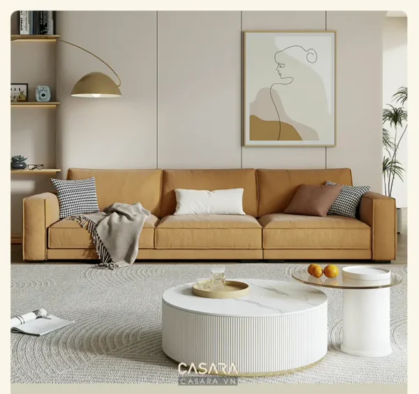 Phòng khách hiện đại với bộ sofa màu cam.