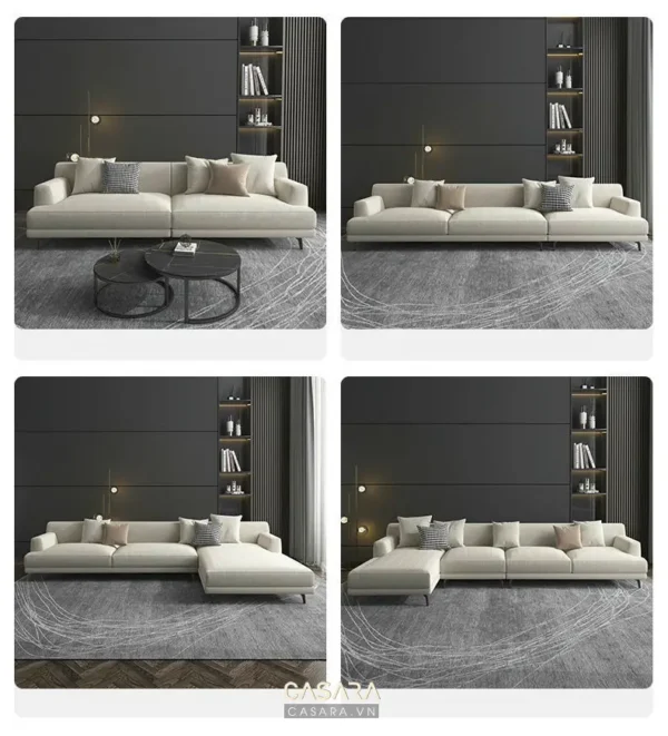 Phòng khách hiện đại với sofa trắng và kệ sách.