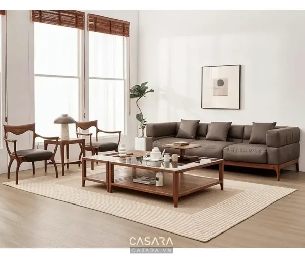 Phòng khách hiện đại, ấm cúng với đồ nội thất gỗ tinh tế.