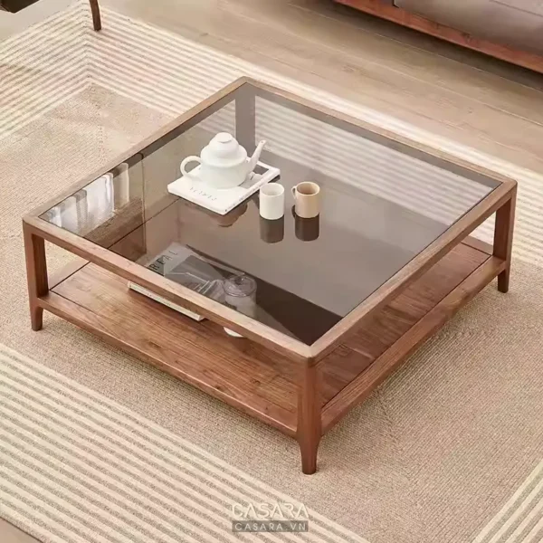 Bàn trà gỗ mặt kính vuông vắn, hiện đại cho phòng khách.