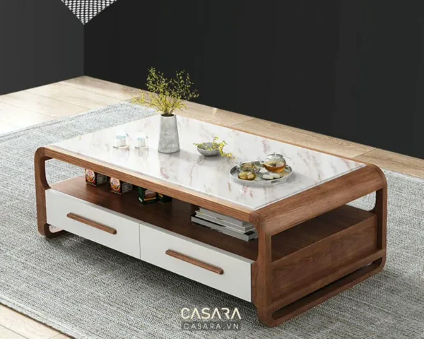 Bàn trà gỗ hiện đại với mặt đá cẩm thạch sang trọng, tiện nghi.
