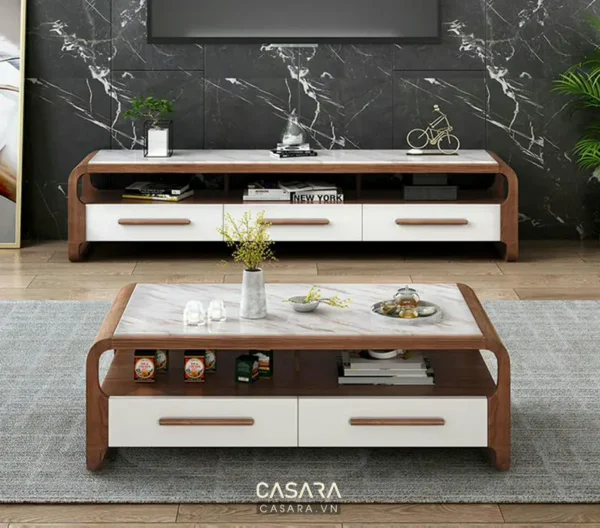 Phòng khách hiện đại với tủ TV và bàn trà tinh tế.