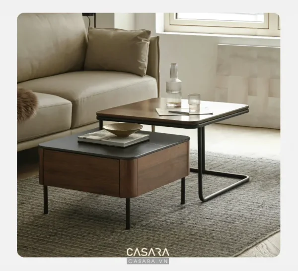 Góc phòng khách hiện đại với bàn trà độc đáo và sofa êm ái.