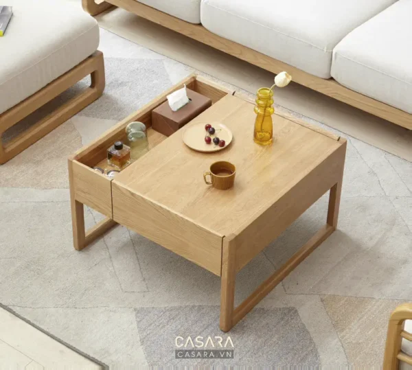Bàn trà gỗ sáng màu, thiết kế hiện đại, tiện dụng cho phòng khách.
