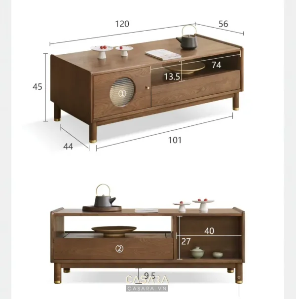 Bản vẽ kỹ thuật bàn trà gỗ với các kích thước chi tiết.