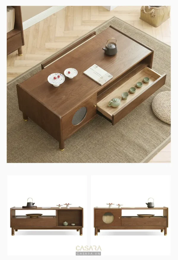 Bàn trà gỗ thấp, thiết kế tối giản, phong cách Á Đông hiện đại.