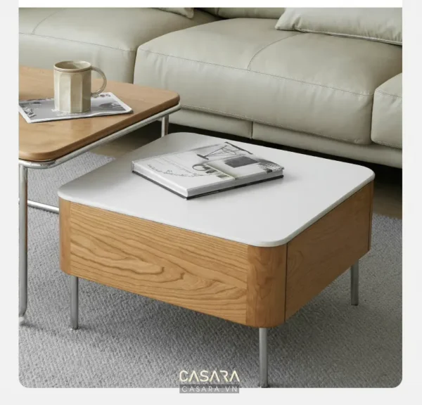 Bàn trà thiết kế hiện đại, tối giản với chất liệu gỗ và đá nhân tạo.