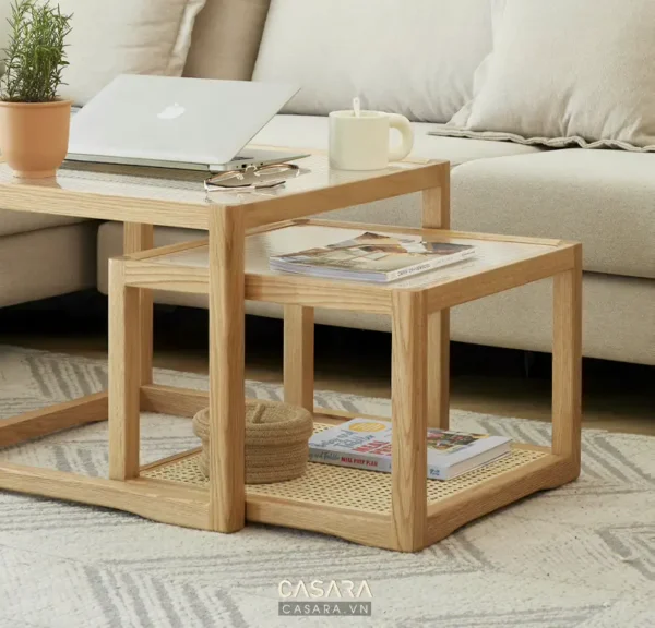 Bộ bàn trà gỗ thiết kế độc đáo, hiện đại, phù hợp với phòng khách.