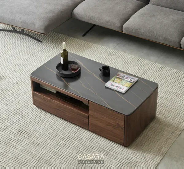 Bàn trà hiện đại với thiết kế tối giản, kết hợp gỗ và đá tự nhiên.