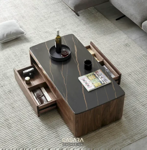 Bàn trà hiện đại với thiết kế đa năng, tích hợp ngăn kéo tiện lợi.