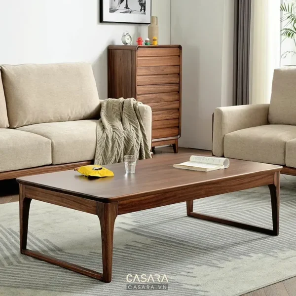 Phòng khách hiện đại với sofa và bàn gỗ nâu ấm cúng.