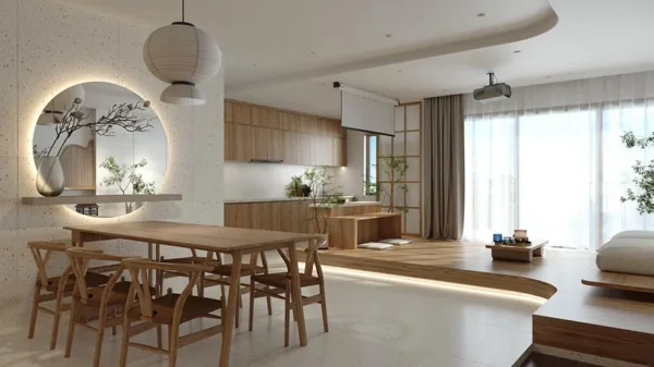 Bếp ăn hiện đại, thiết kế tối giản, ánh sáng dịu nhẹ.