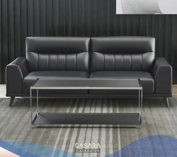 Ghế sofa da đen hiện đại, sang trọng trong không gian tinh tế.