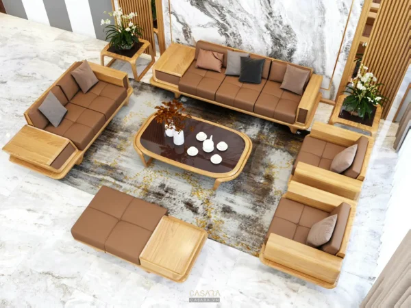 Không gian phòng khách sang trọng với bộ sofa da và bàn trà hiện đại.