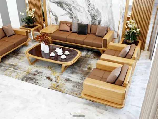 Phòng khách hiện đại với bộ sofa nâu da sang trọng và bàn trà độc đáo.
