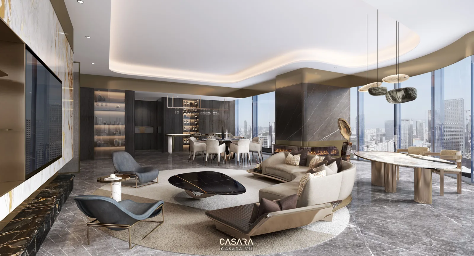 Bộ ghế sofa phòng giám đốc bằng da mờ hoặc vải trung tính với bàn trà mặt đá vách gỗ veneer và đèn hắt ấm