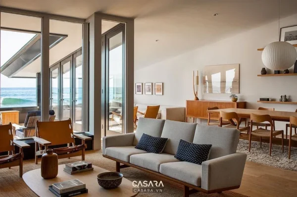 Không gian sinh hoạt gia đình có phòng khách liền khu ăn uống sáng thoáng