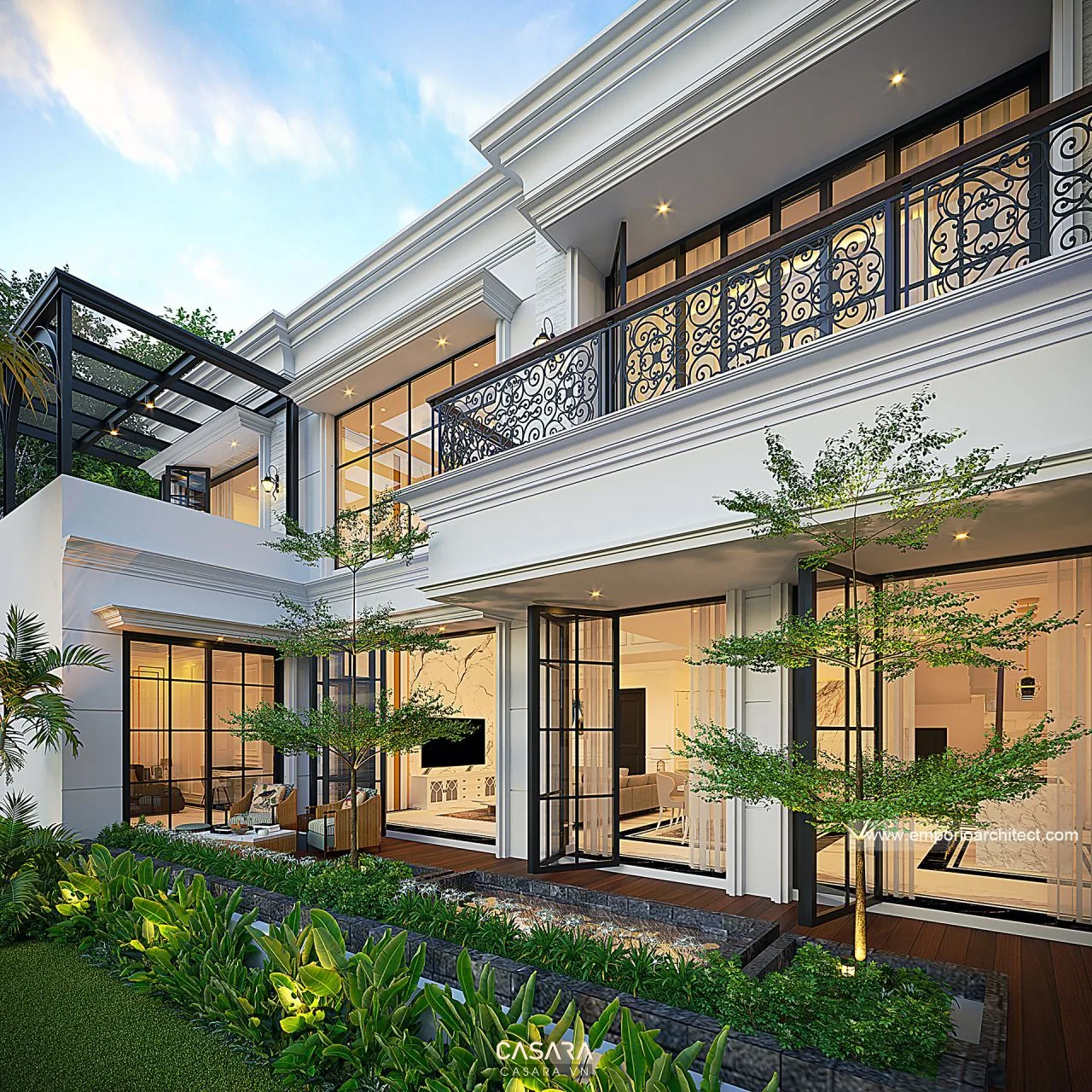 Không gian biệt thự có cây xanh và khoảng mở, cho thấy nội thất, ánh sáng và cảnh quan cần được tính đồng bộ khi xây nhà đẹp.