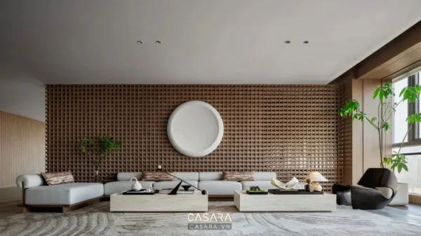 Phòng khách chung cư phong cách Nhật Bản có sofa thấp, bàn trà và ánh sáng dịu