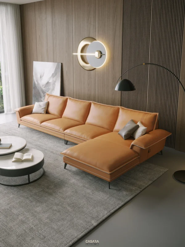 Phòng khách hiện đại với bộ sofa da màu cam.