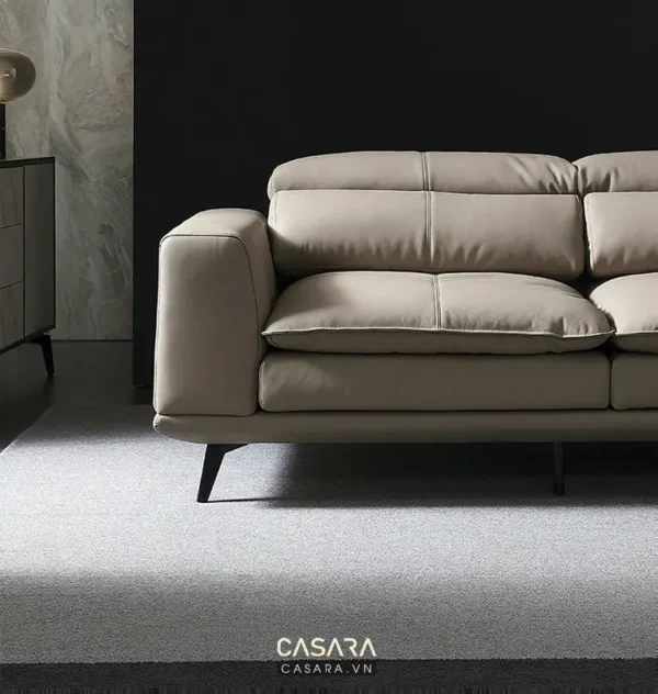 Ghế sofa da màu be hiện đại, thiết kế tối giản sang trọng.