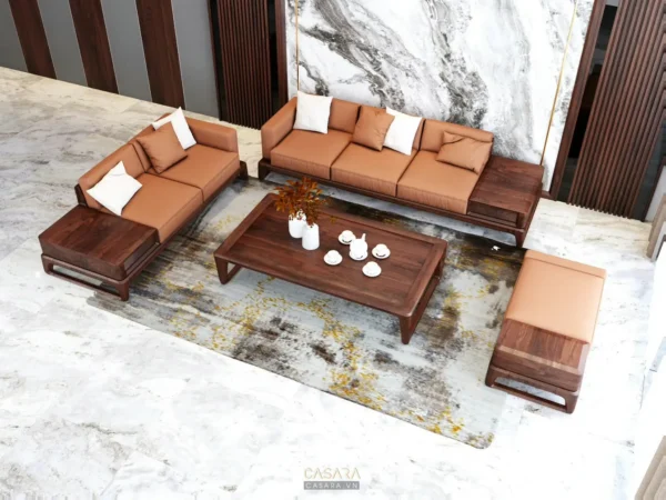 Bộ sofa gỗ nâu hiện đại, sang trọng trong không gian nội thất.
