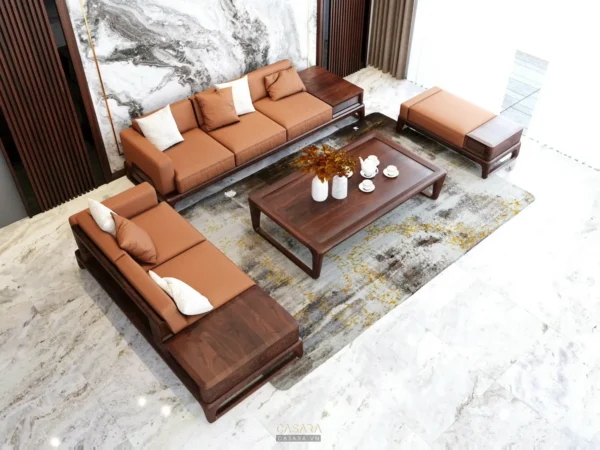 Phòng khách hiện đại với bộ sofa nâu da sang trọng, ấm cúng.