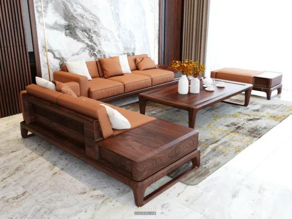 Phòng khách hiện đại với bộ sofa góc da cam ấm cúng, tinh tế.